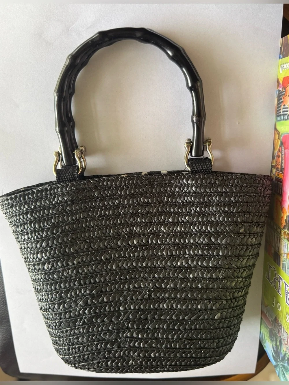 Black 1980s St John’s Bay Woven Handbag with Bamboo Handles polka dot lining